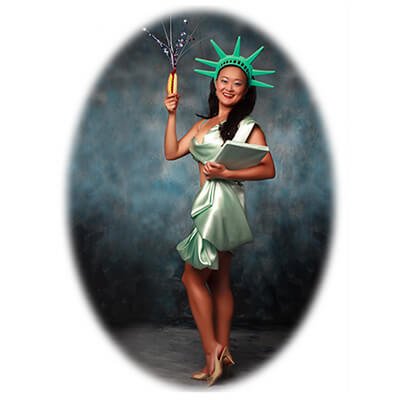 Competitive eater, Mary Bowers is the All-American girl, posed as Lady Liberty